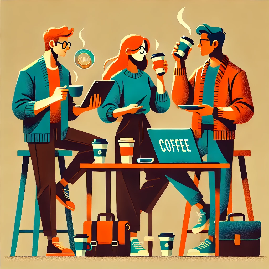 Uma ilustração com três pessoas, cada pessoa está sentada em um banco e as três estão tomando café com uma mesa no centro.