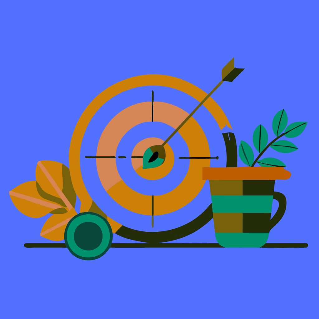 Uma ilustração de um alvo com uma flecha no meio do lado de tem um vaso de plantas.